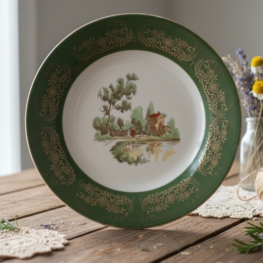 Triumph American Limoges Chateau France Bread Plate U G Forest Green Vintage